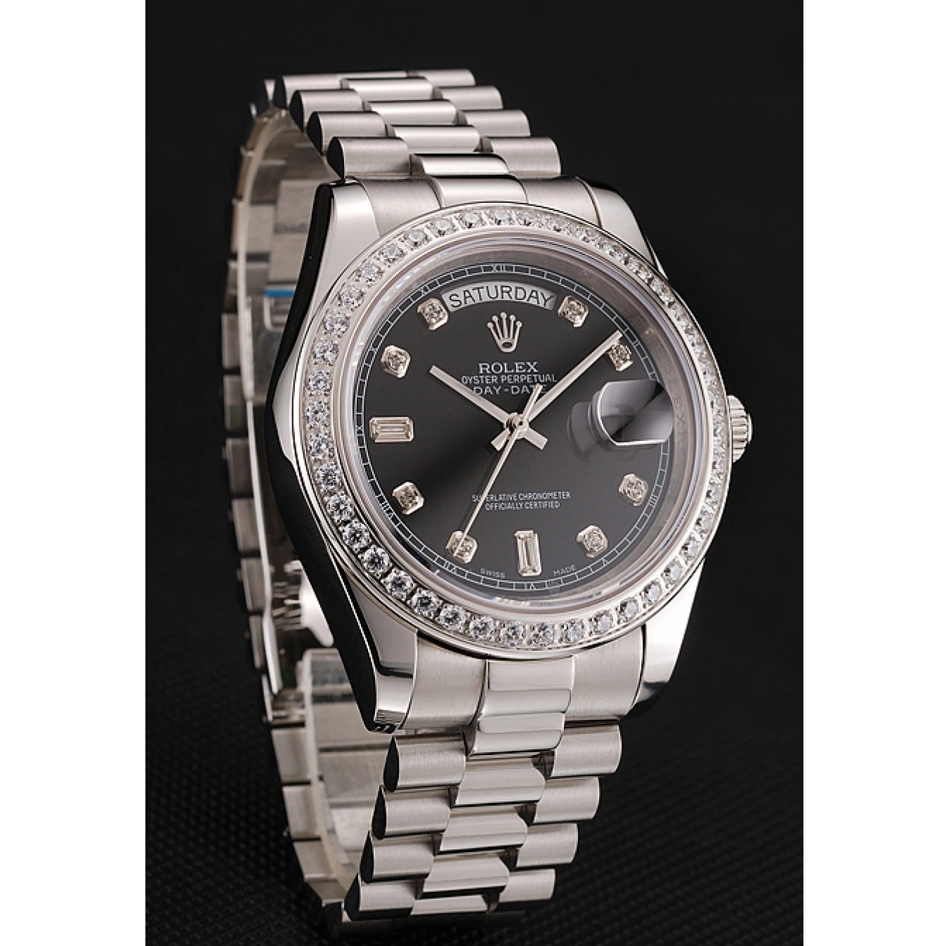 MiroTime 0825 Swiss Rolex Day-Date Black Dial Diamond Case Diamond Numerals Stainless Steel Bracelet 1453966